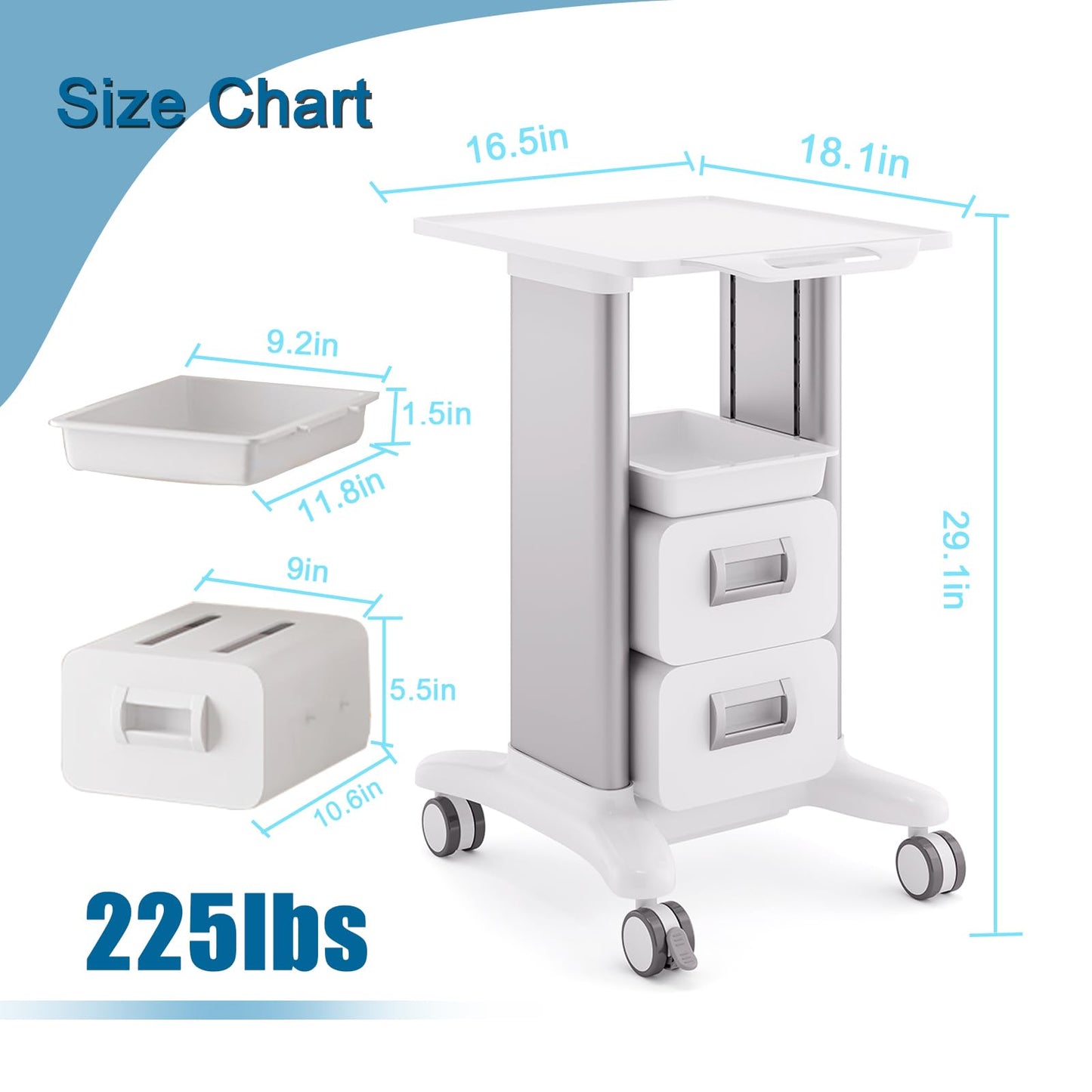 TTYXSUEPT Medical Rolling Trolley with 2 Drawers, Mobile ABS Utility Cart with 4 Silent Swivel Wheels, 225-lb Capacity for Hospitals, Clinics, Beauty Salons, and Labs (Silver, Double Drawer)