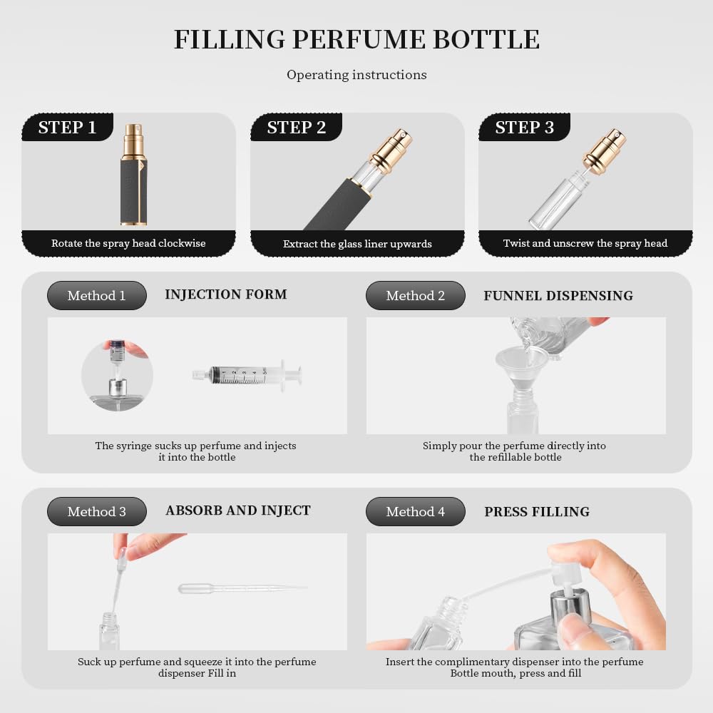 DIOHIO Atomizer Perfume Spray Bottle Refillable - 5ml Glass Inner Bottle with Premium Leather Case, Portable Travel Sprayer for Fragrance Lovers (Black-Grey)