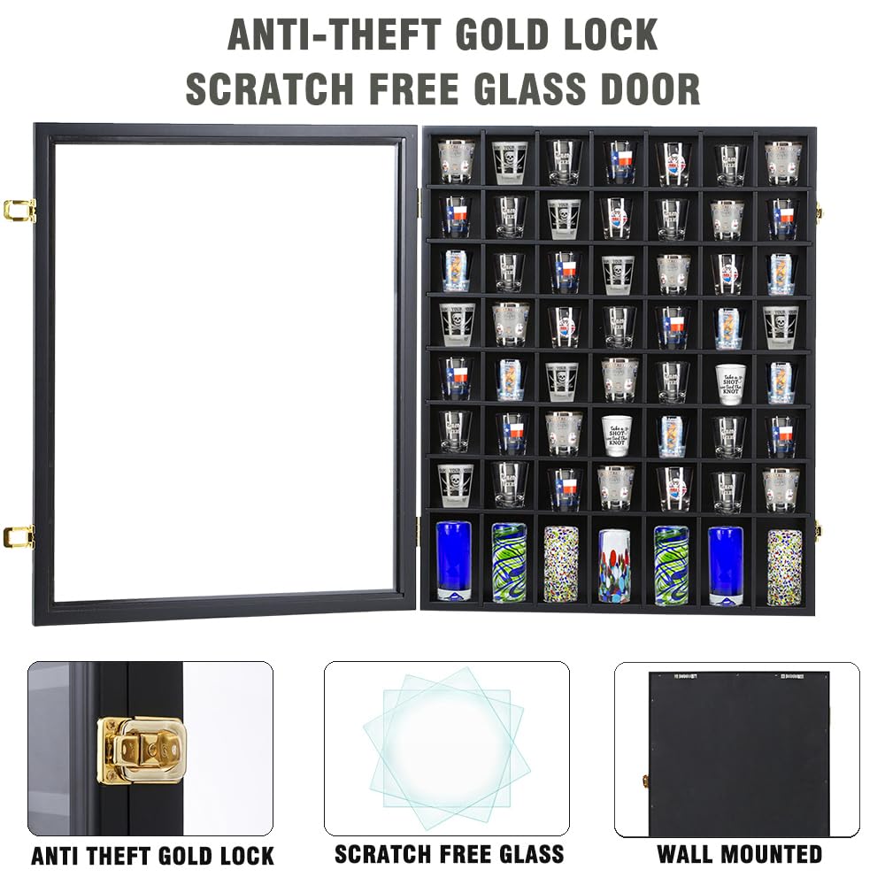 Shot Glass Display Case Wooden Cabinet Rack Holder Wall Mounted 56 Slots Black Shadow Box Lockable with UV Protection Acrylic Glass Door Shot Glass Storage Display with Removable Shelves, 23.3"x18.74"