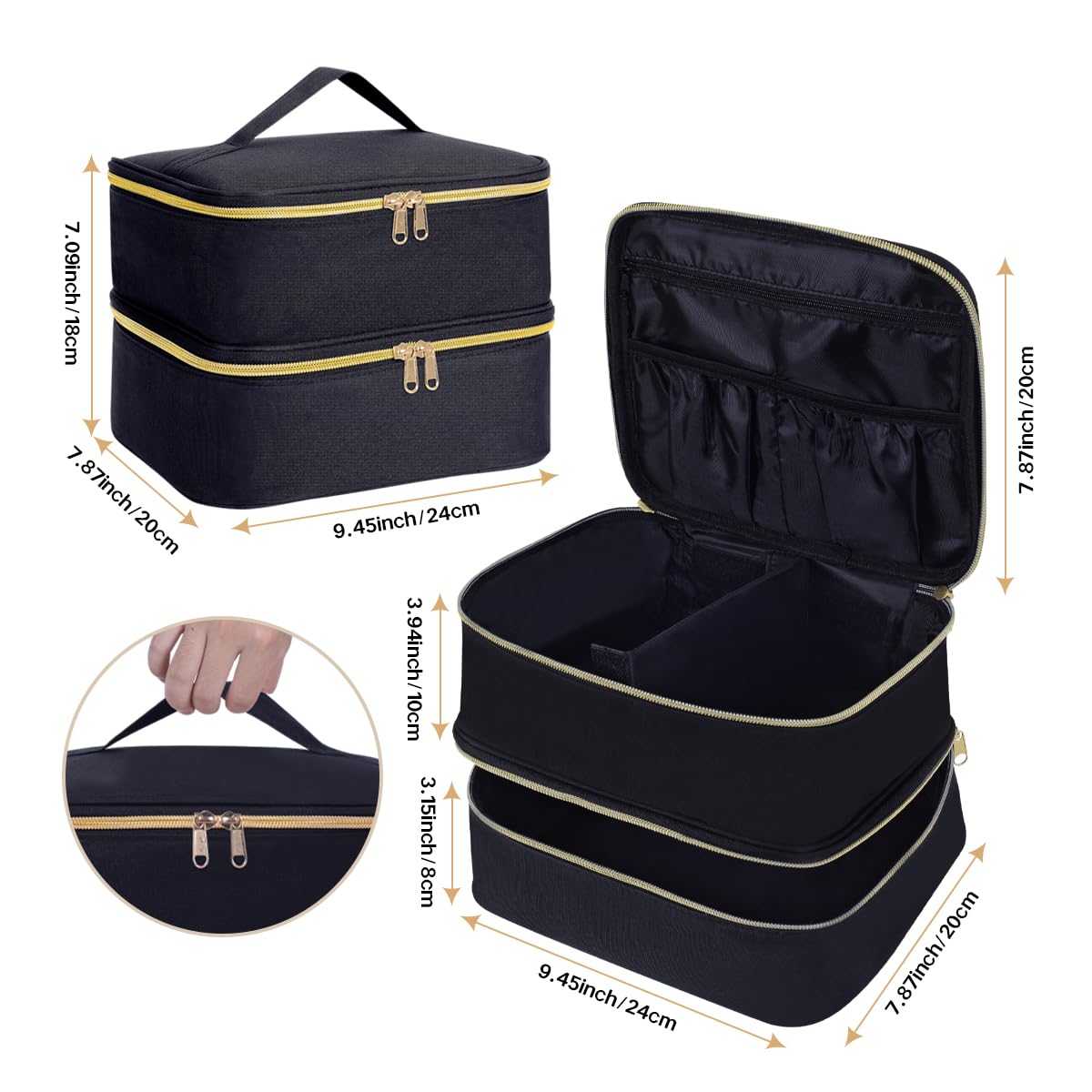 TANPADUAJI Double Layer Makeup Bag Portable Large Cosmetic Case Organizer with Adjustable Dividers Storage Travel Bag for Accessories Brushes Conditioner and Skin Care Products (Black)