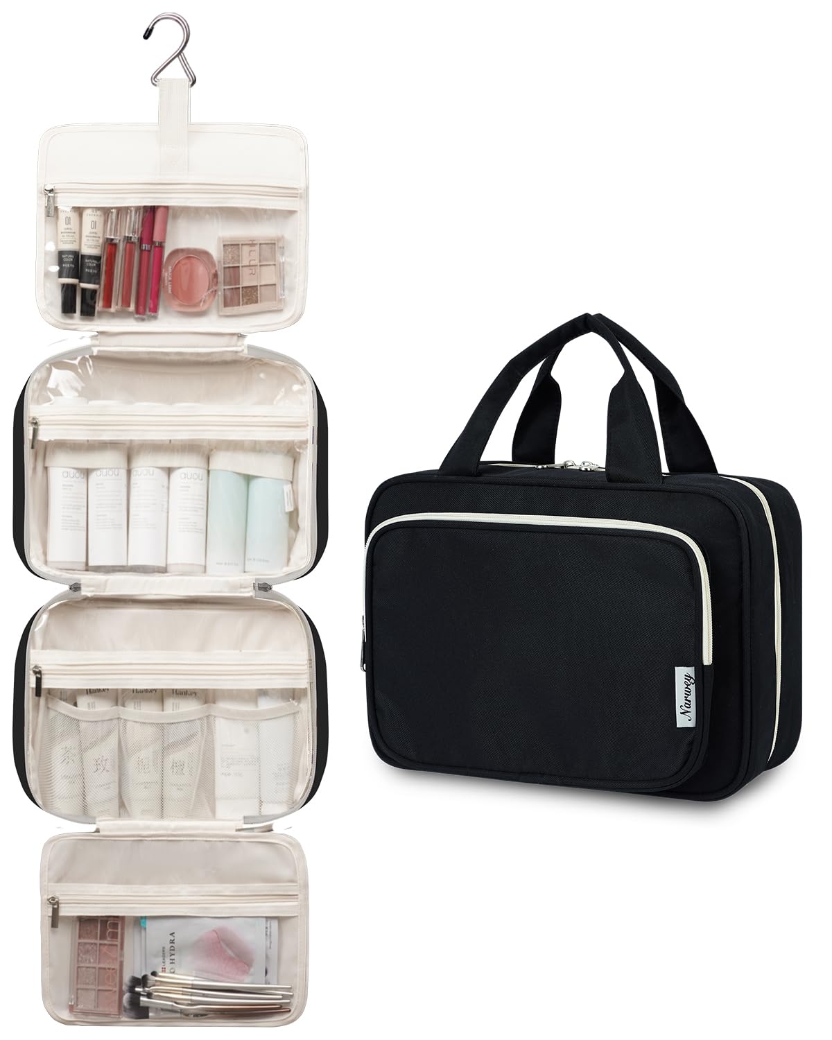 Narwey Travel Toiletry Bag for Women Large Hanging Makeup Bag Organizer Toiletries Bag for Full Size Essentials Accessories Cosmetics (Black (Large))