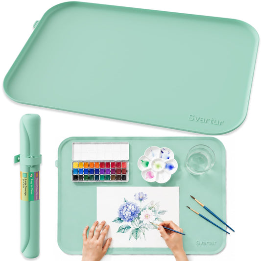 Silicone Craft Mat 24" x 16" with Raised Edge, Roll-Up Design with Storage Strap, Multi-Purpose Desk & Table Protector Silicone Art Mat for Crafts, Painting & DIY, Light Green