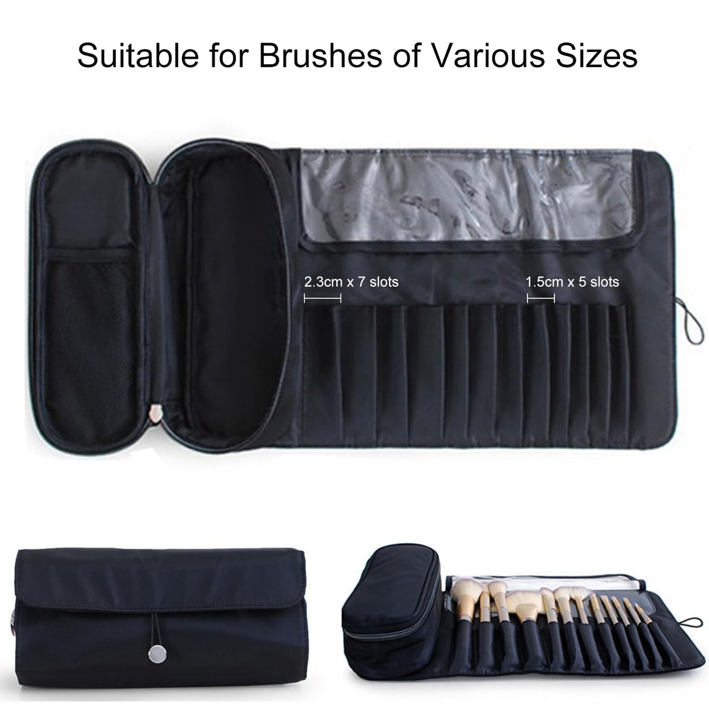 Warmstore Makeup Brush Bag, Travel Makeup Brush Case Makeup Brush Holder Organizer Cosmetic Bag Portable Roll Up Brush Storage Bag for Makeup Brushes and Cosmetic Essentials (Black)