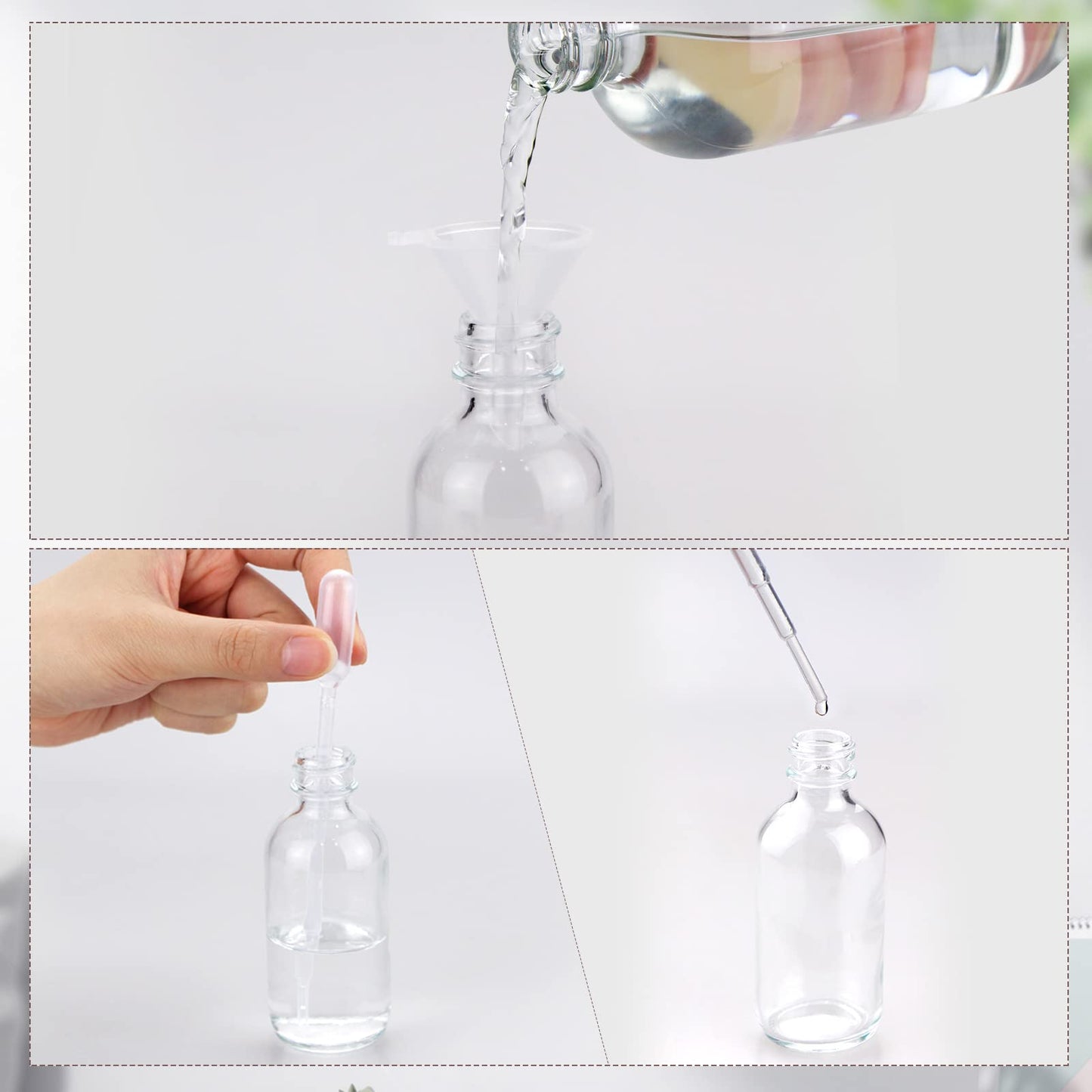Wedama 4 oz Mini Glass Spray Bottles, Empty Small Spray Bottles with Funnel Dropper, Fine Mist for Hair, Travel, Plants, Cleaning Solutions and Skin Care (4 Pack Clear)