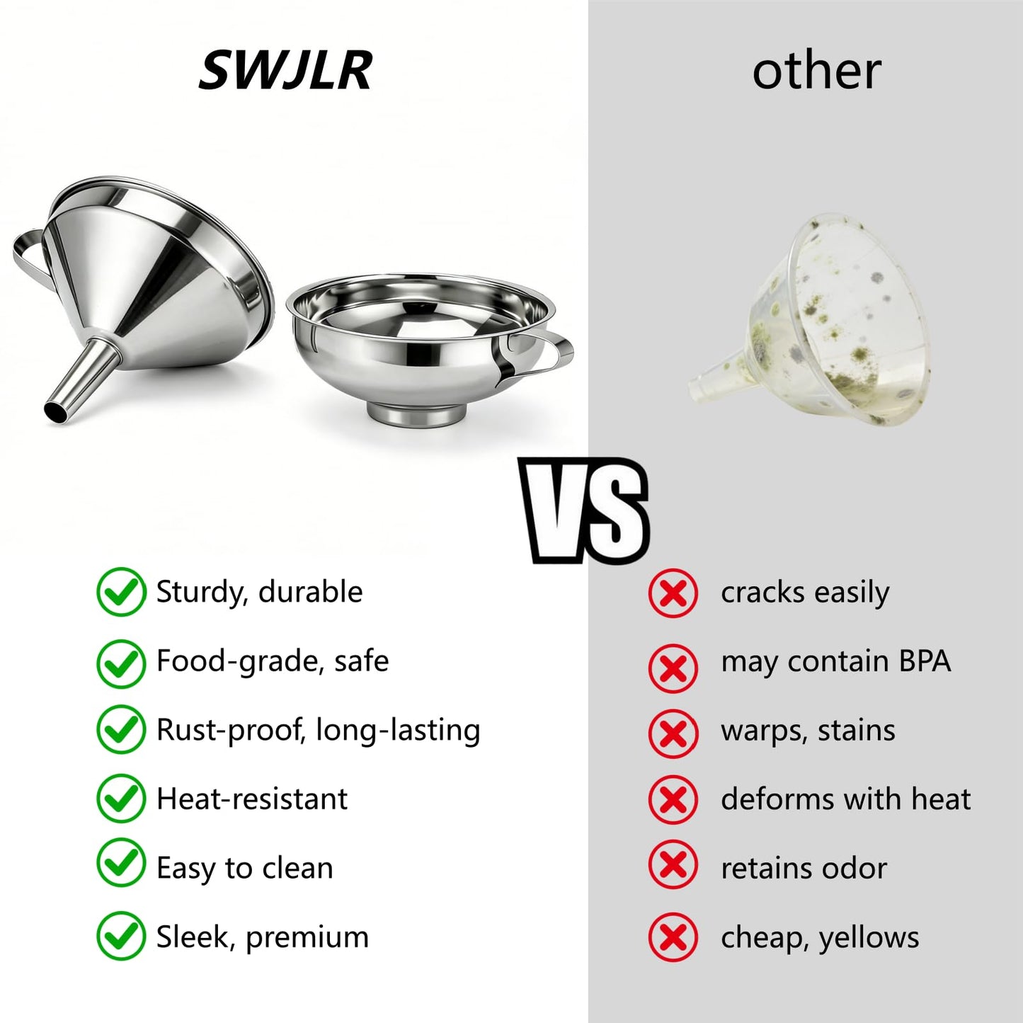 SWJLR Stainless Steel 2 Pack Funnel Set Long Spout Funnel for Narrow Neck Bottles (Oil, Sauce) Wide Mouth Funnel for Mason Jars, Canning with 200μm Fine Mesh Strainer & Removable Filters (Large Set)