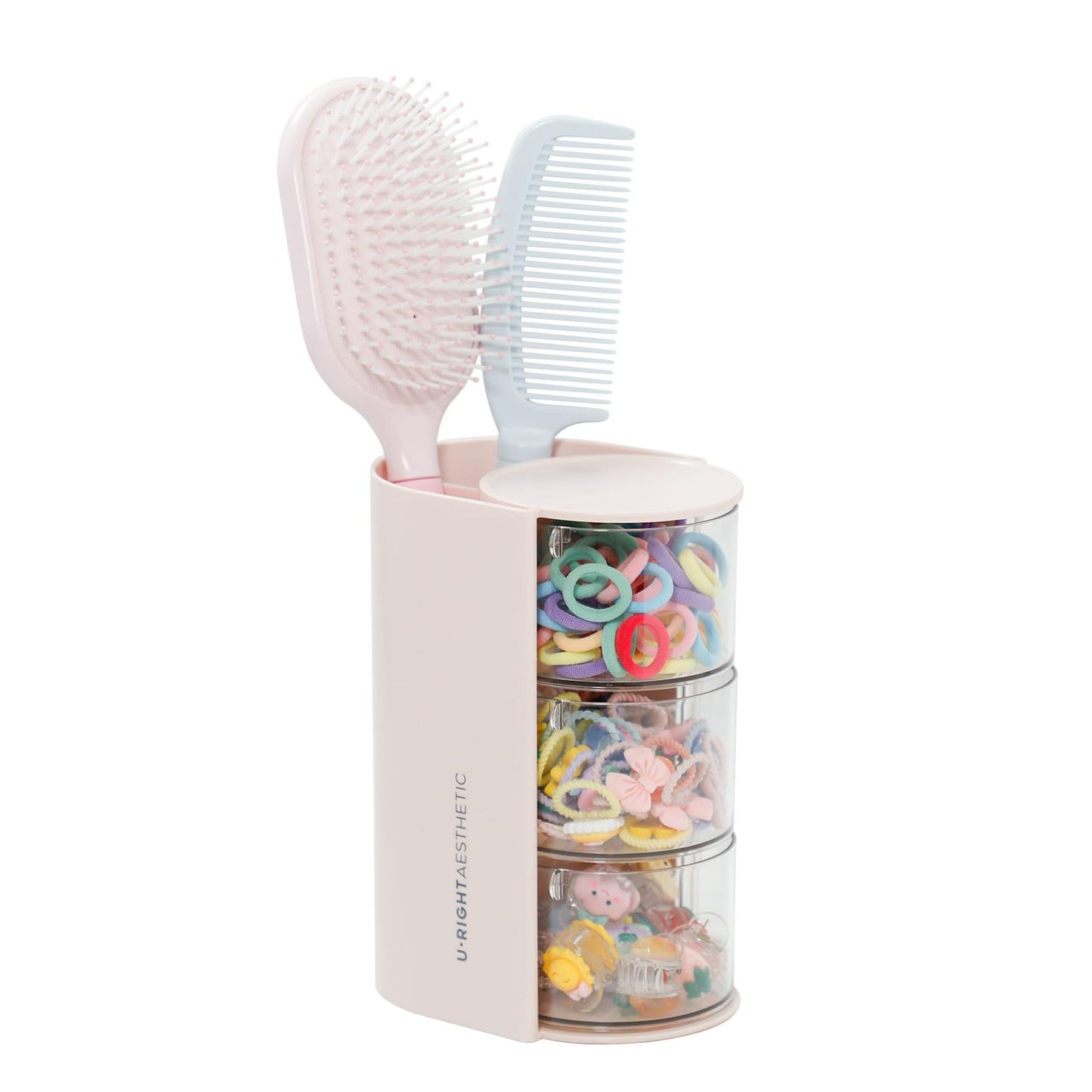 FABROK 3-Layer Hair Accessories Organizer with Brushes Holder, Rotating Small Jewelry Box for Hair Ties Clip Earring Necklaces, Bathroom Vanity Desktop Organizer Case for Cotton Swab(Pink)