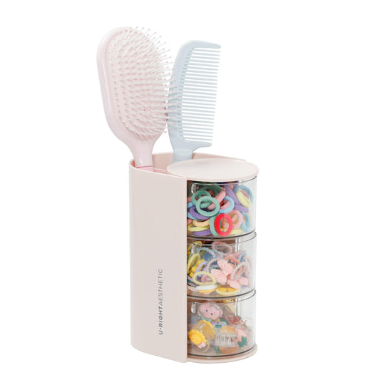 FABROK 3-Layer Hair Accessories Organizer with Brushes Holder, Rotating Small Jewelry Box for Hair Ties Clip Earring Necklaces, Bathroom Vanity Desktop Organizer Case for Cotton Swab(Pink)