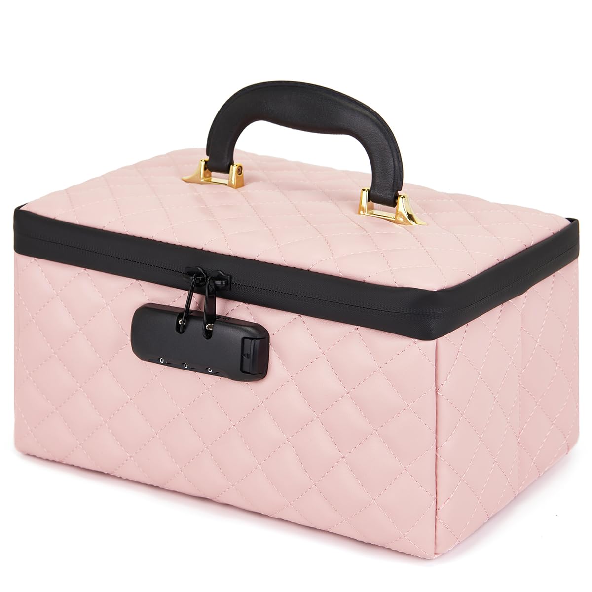 KaAutoler Portable makeup box with Lock, Large Capacity Travel Makeup Case Organizer, Makeup Bags for Girls Traveling With Handle and Divider Makeup Bag (Pink)