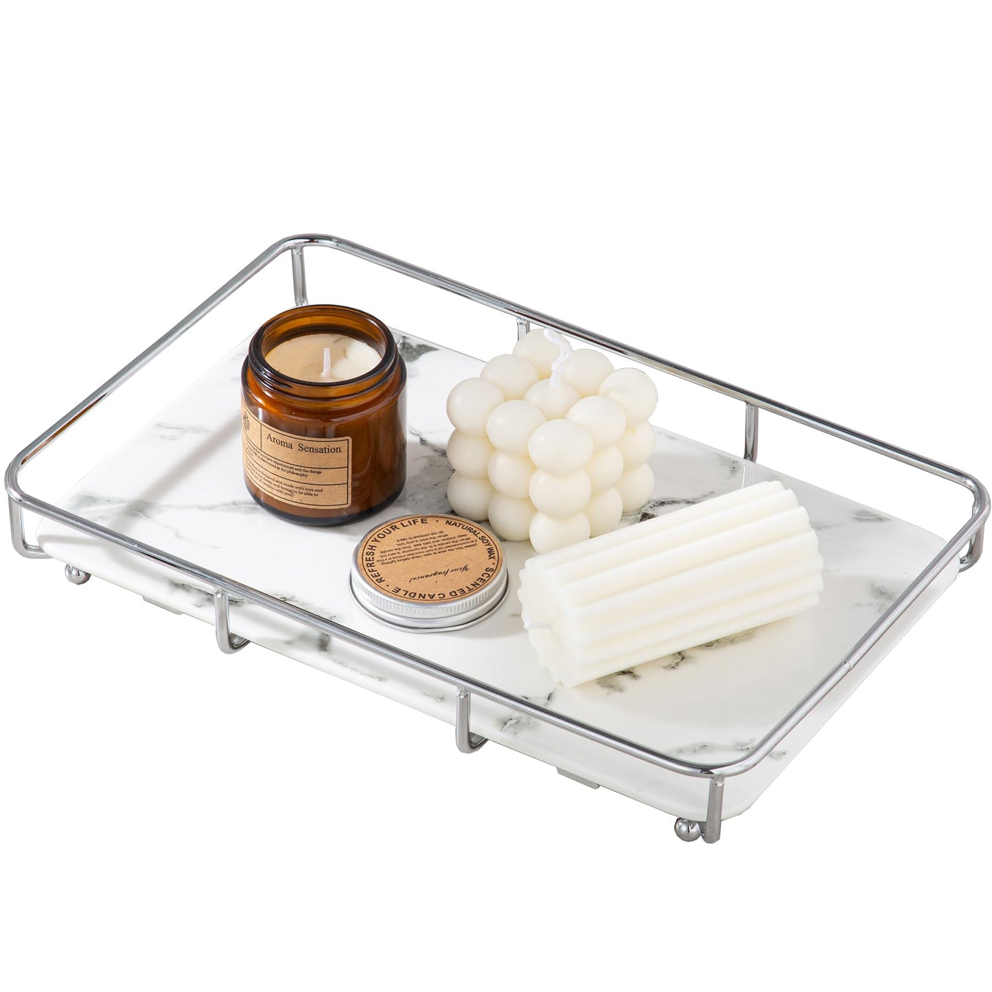 Dobbyby Vanity Tray Makeup Organizer Cosmetics Storage Bathroom Skincare Organizer Countertop Display Rack in Dresser Stainless Steel Shelf Marble Print Ceramic Trays