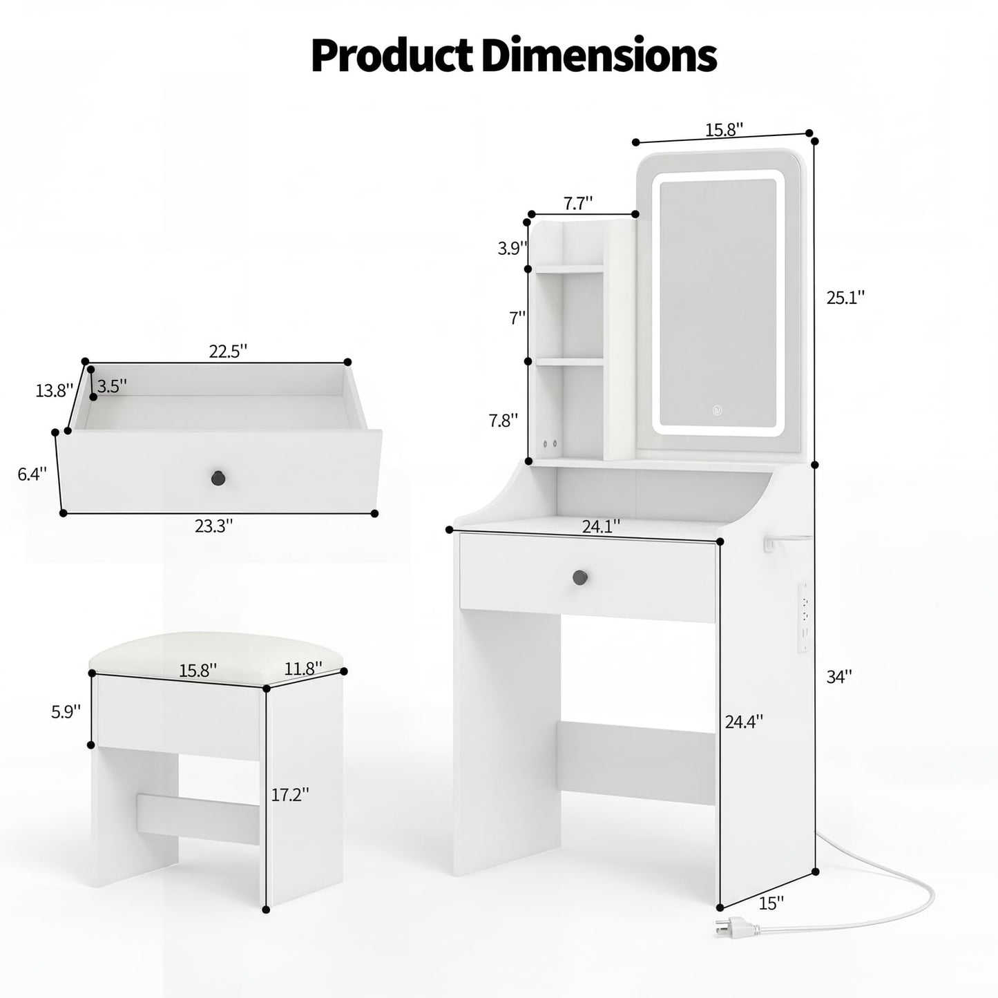 HAPPYMONT Small Vanity Desk with LED Light Mirror and Storage Bench, White