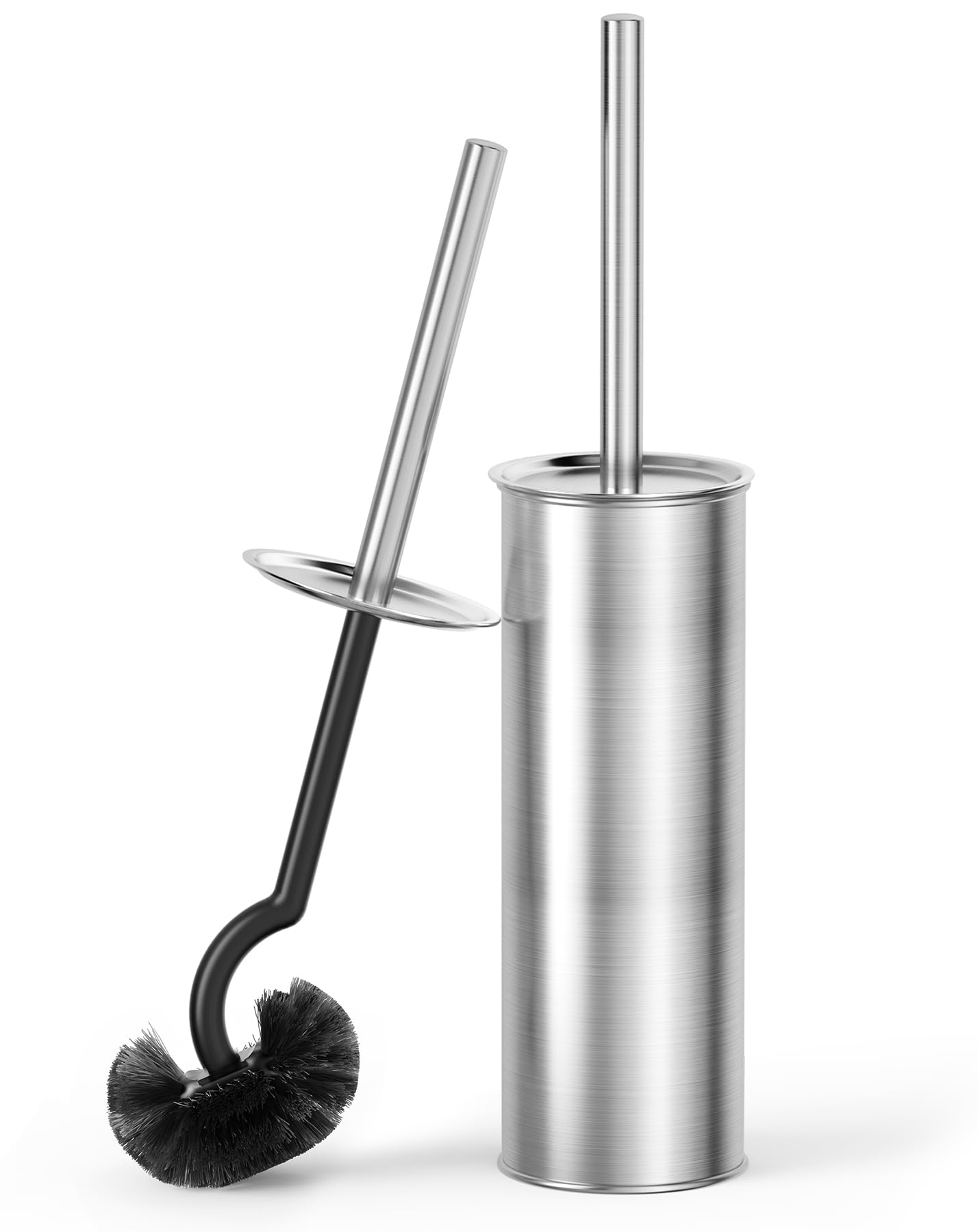 Cesun Toilet Brush and Holder Set, Curved Toilet Bowl Brush for Under Rim Cleaning, 304 Stainless Steel Holder, Weighted Base, Long Handle Toilet Scrubber, 2 Brush Heads, Silver