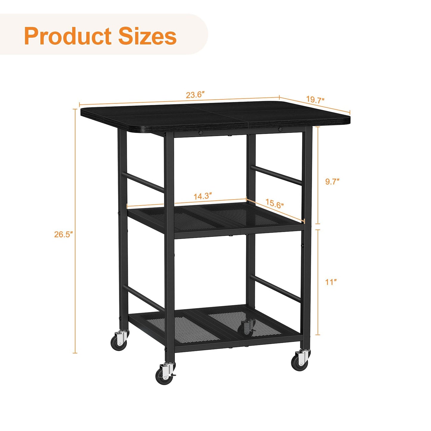 Snughome 3-Tier Printer Stand, 19.7" D×23.6" W×26.5" H Extra Large Printer Table with Storage Shelves, Rolling Cart with Lockable Wheels for Home Office, Black