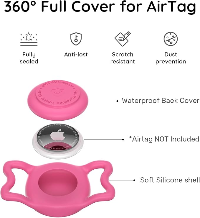 for AirTag Dog Collar Holder, Dog Air Tag Holder, IP68-Waterproof | Lightweight Silicone | Anti-Lost | Ultra-Durable | Compatible with Apple AirTags (Rose Red)