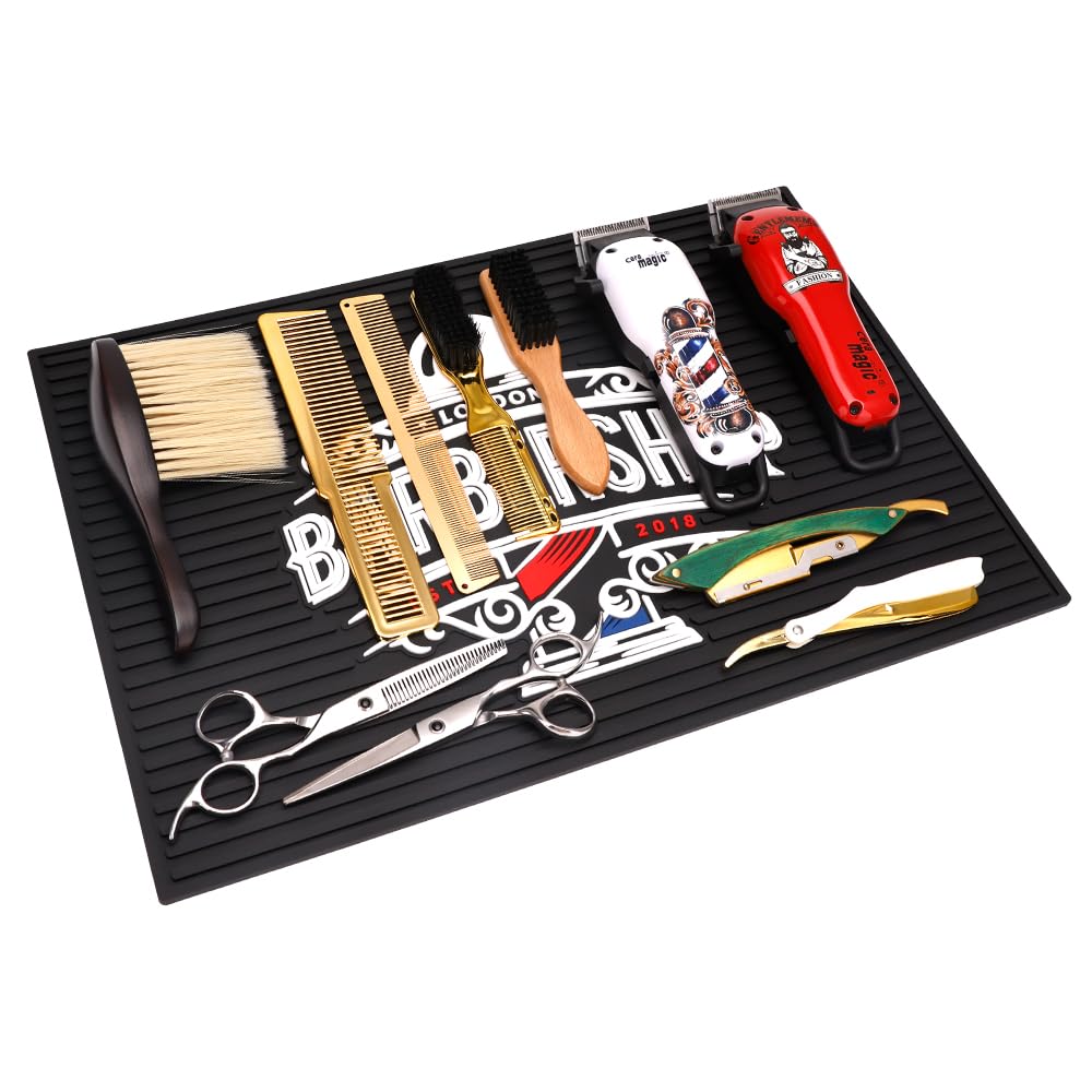 BarberTop Anti-Slip Flexible Rubber Barber Mat for Stations - 11.81 x 17.72 inches, Protects Countertop & Sink Area, Ideal for Scissors & Salon Tools (Black)