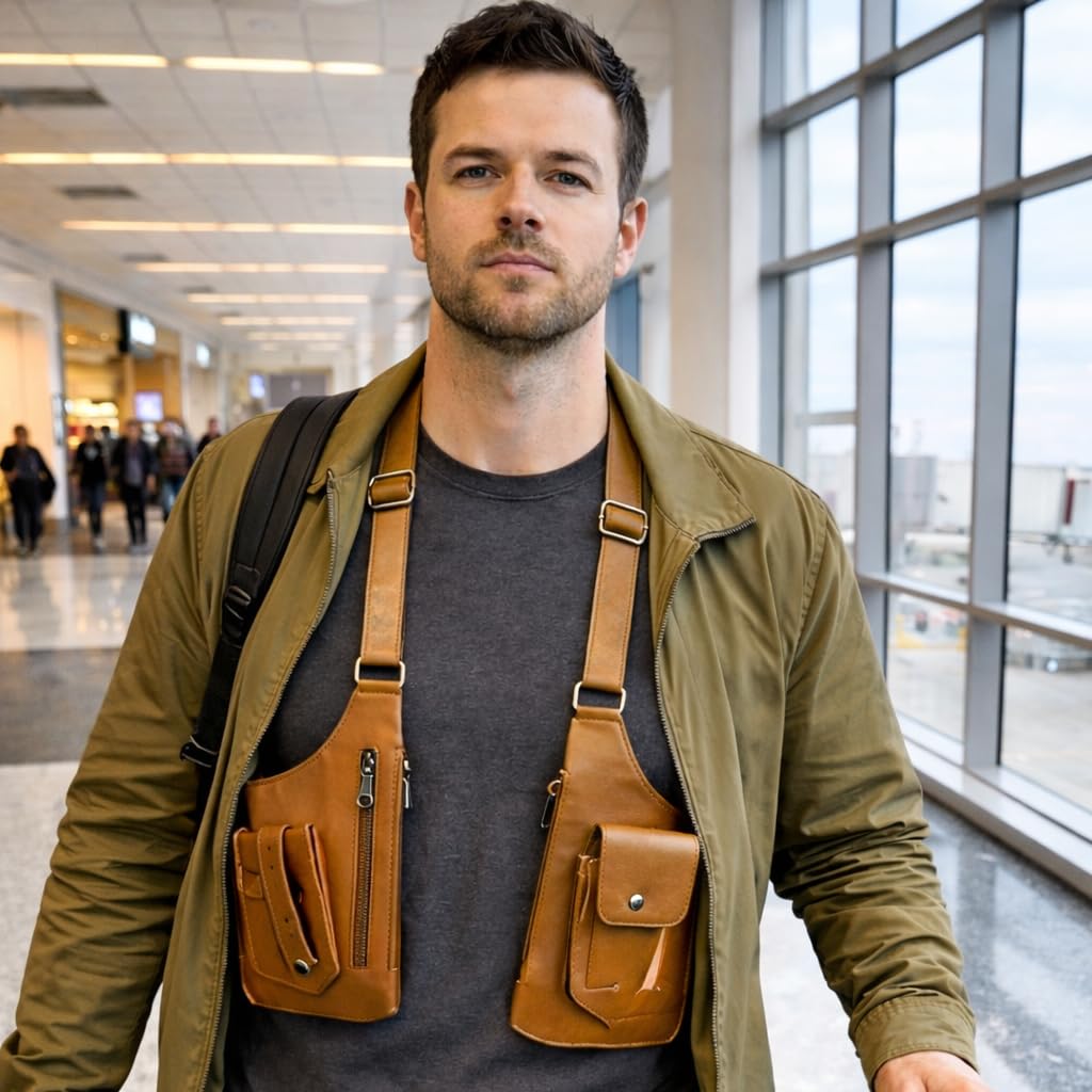 Double Shoulder Armpit Bag, Underarm Anti-Theft Crossbody Pouch, Dual Side Chest Pack, Multi-Pocket Phone Wallet Organizer (Light Brown)