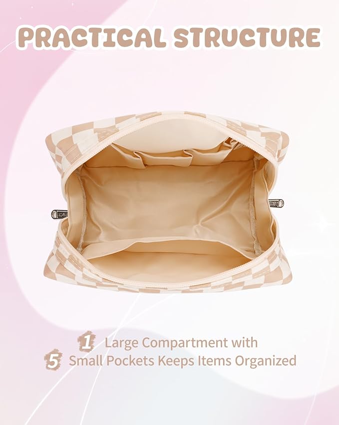 Narwey Birthday Gifts for Women Teen Girls Kids Personalized Initial Checkered Makeup Bag Cute Cosmetic Bag Trendy Stuff 6 8 10 11 12 13 14 16 18 Years Old Travel Toiletry Bag (Brown Letter D)