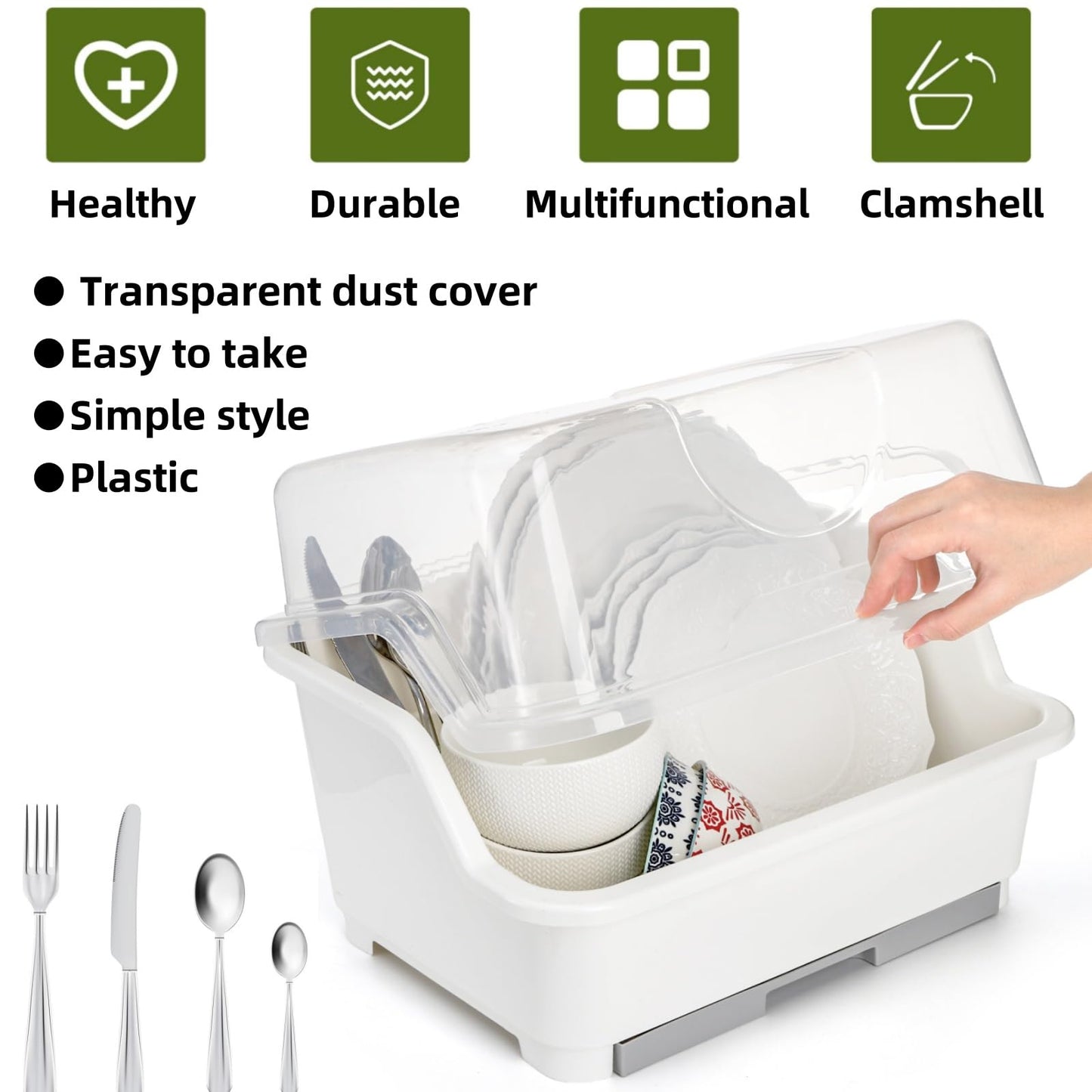 Acshio Dish Drying Rack, Plastic Plate Cup Dryer Holder with Lid Removable Drainboard, Cutlery Utensil Dish Nursing Bottle Organizer for Tableware, Kitchen Cabinet