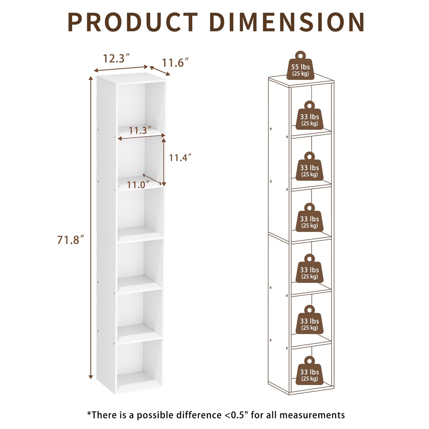 VAFHYLLIS 6 Cube Storage Organizer, 6 Tier Vertical Cube Bookcase Freestanding Storage Display Organizer for Home Office, Six Cubes Open Shelf Bookshelf (White, 6 Cube)