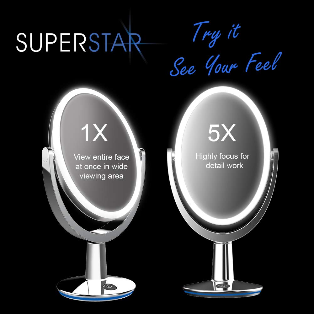 RENEWLAB BY BIOMAX Superstar Oval Shaped Dual-Sided Lighted Makeup Mirror, 1X/5X Magnifying Vanity Makeup Mirror, 360 Degree Rotating Adjustable Brightness Mirror, Brushed Nickel