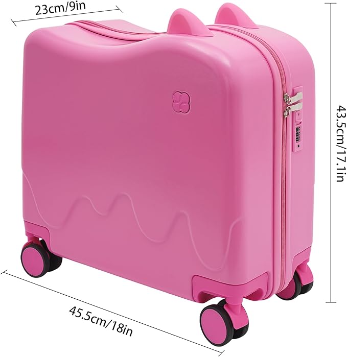 Kids Ride-On Suitcase, 18" Rolling Luggage With Lock, 33.6qt Internal Capacity, Carry on Hardside Trolly Case for Short Trips, Study Tours, Outings (Pink)