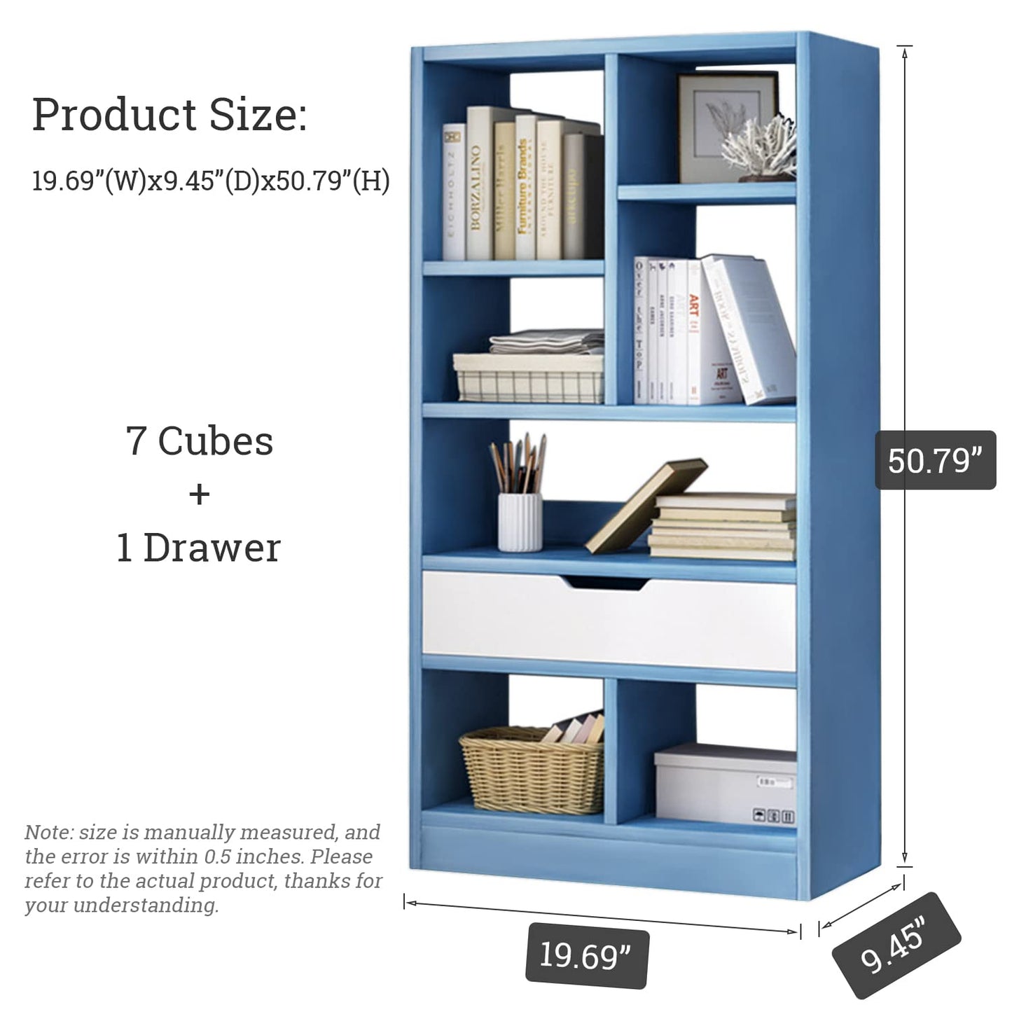 IOTXY Wooden Open Shelf Bookcase - 51" Height Freestanding Display Storage Cabinet Organizer with 7 Cubes and a Drawer, Floor Standing Bookshelf, Blue