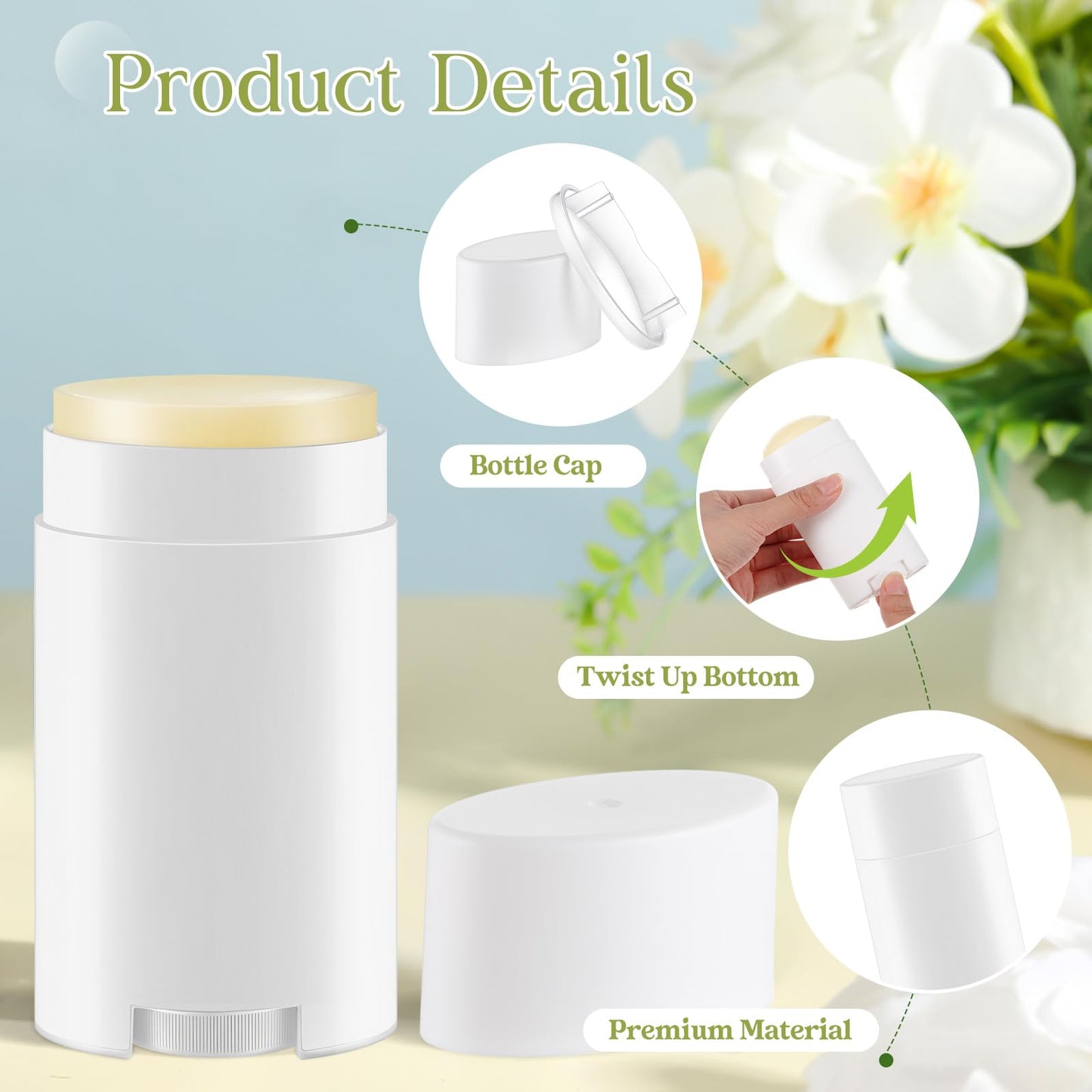 Teenyyou 50 Pack White Empty Deodorant Containers, 75ml/2.5oz, Bottom Filling, Refillable Deodorant Tubes Lipstick Balm Tubes Twisted, Plastic Oval for Homemade DIY Aromatherapy, Balm, Lotion