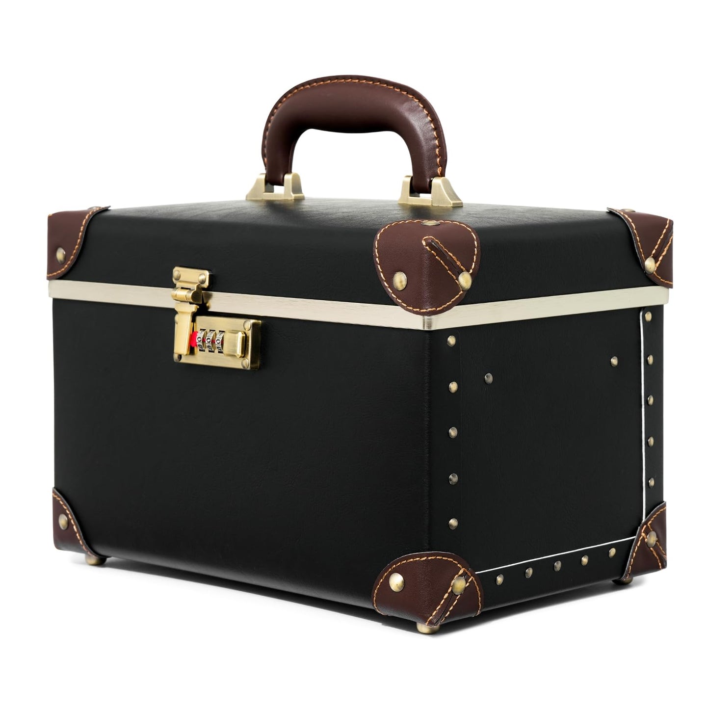 urecity Vintage Artificial Leather Makeup Train Case, Professional Cosmetic Organizer with Metal Combination Lock, Retro Style Storage Box, Black/Brown, Medium (Length: 12.5")