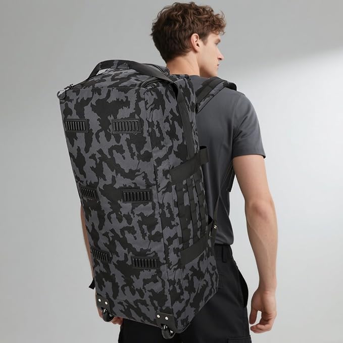 80L Waterproof Rolling Duffel Bag with Quick-Release Straps, Military Tactical Wheeled Foldable For Deployment Traveling Camping Sporting (Camouflage)