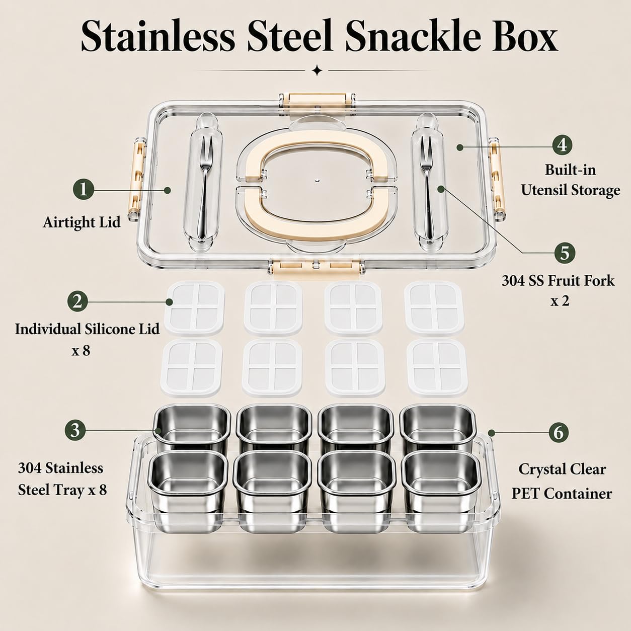 KAVRENOLIX Snackle Box Container,Stainless Steel Divided Serving Tray with Lid & Handle,8 Removable Compartments & Silicone Lids for Snacks Fruit Salad,Portable Storage Box for Picnic Travel Party