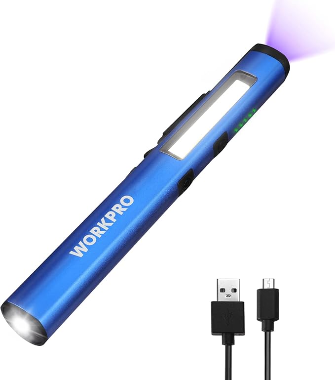 WORKPRO Rechargeable Flashlight, LED Pen Light with 365 nm UV Black Light, 450 Lumen Pocket Penlight, Magnetic Clip, for Hurricane Deluge Flood Emergency