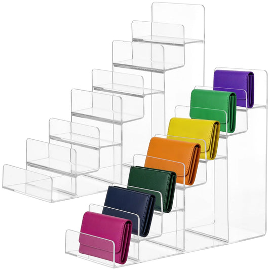 COSYOO 2 Pack 7-Tier Acrylic Wallet Display Stand, Clear Purse Organizer Rack, Tiered Riser Shelf for Sunglasses, Perfume, Cosmetics, Jewelry, Retail Counter