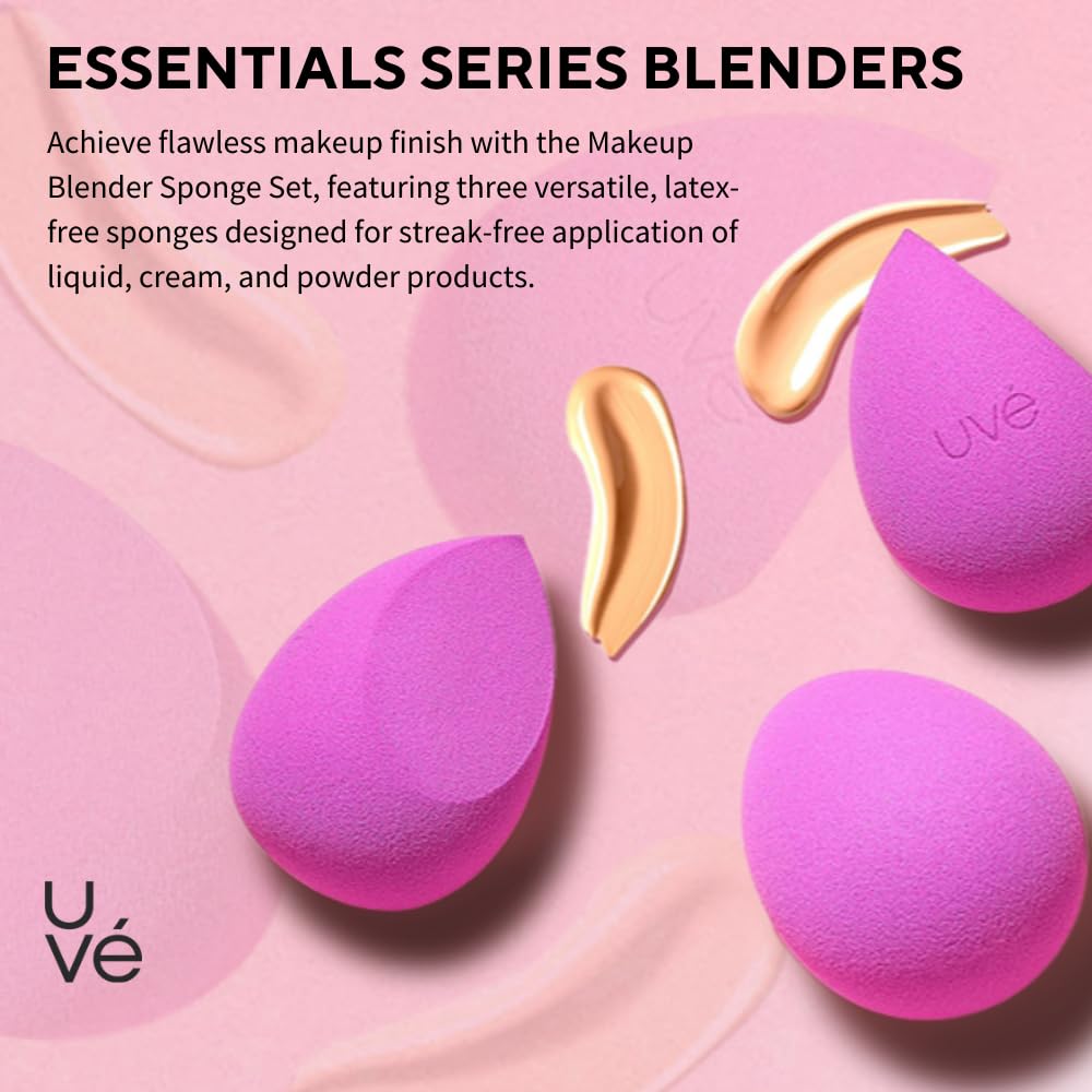 UVé Makeup Sponge Set, Professional Blender with Super-Soft Latex-Free Foam for Liquid, Cream & Powder Foundation, Vegan, Cruelty-Free, Pack of 3 (1 Helio, 2 Violet)