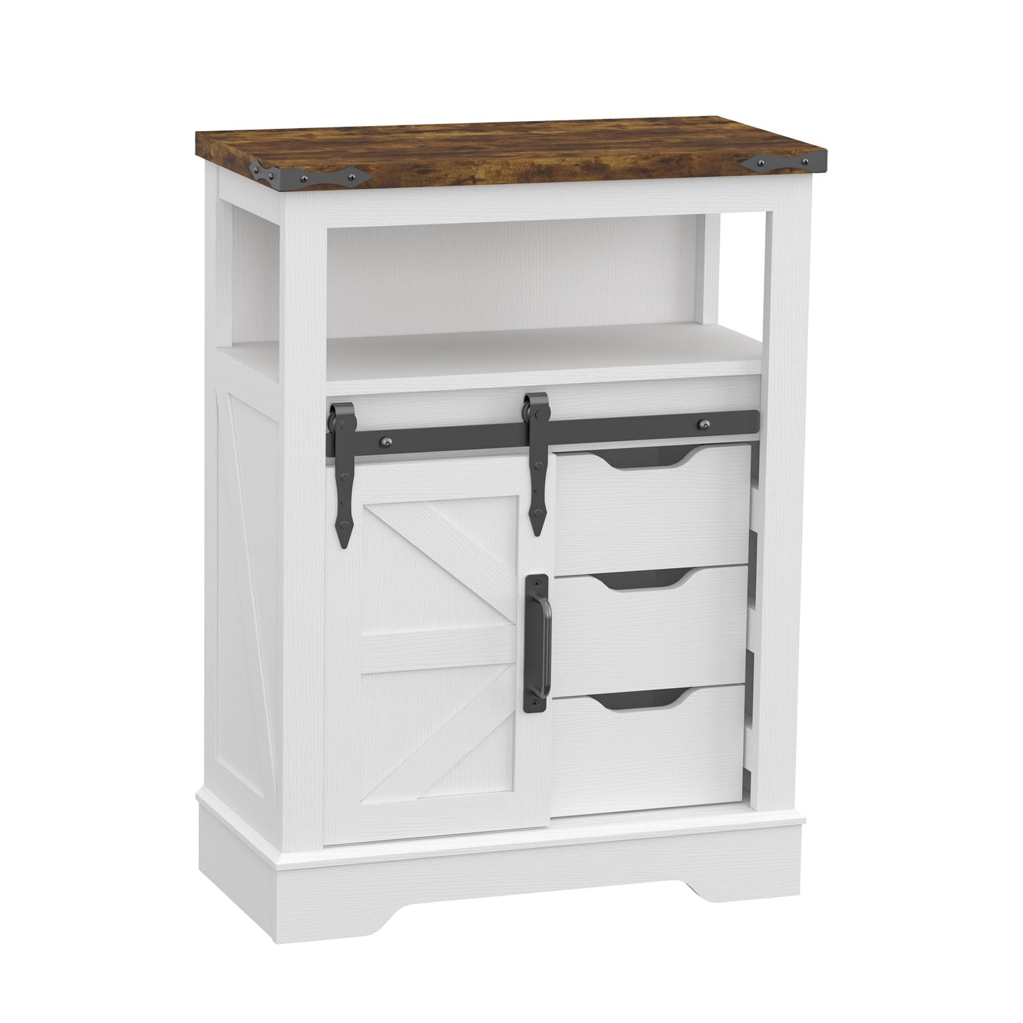 Panana Farmhouse Bathroom Floor Cabinet, Sliding Barn 3 Drawers & 1 Door Freestanding Small Storage Cabinet for Bathroom, Kitchen (White)