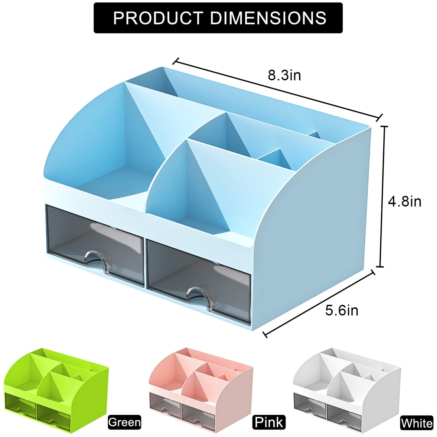 COMFYROOM Desk Organizer with 6 Compartments and 2 Drawers, Plastic Makeup Organizer, Pen Holder for Desktop Storage, Desk Organization for School, Home, Office Supplies (Blue)