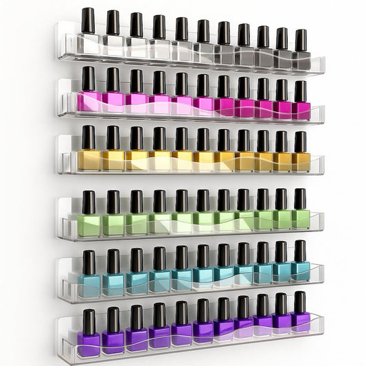YMVV Clear Acrylic Nail Polish Rack Wall Mounted Shelf,6 Pack Organizer with Unique Wavy Lines,Nail Supplies for Techs,Great Display Salons Retailers