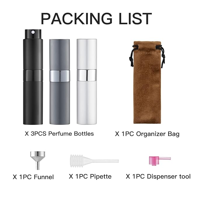 LISAPACK 8ML Atomizer Perfume Spray Bottle for Travel (3 PCS) Empty Cologne Dispenser, Portable Sprayer (Black, Silver, Grey)