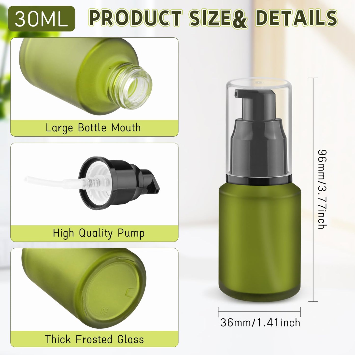 6 Pcs Empty Glass Pump Bottles Refillable Cream Lotion Bottles Travel Sample Bottles Cosmetic Dispenser Bottle Containers For Lotion Cream Emulsion Essence (Green, 30ml/1oz)