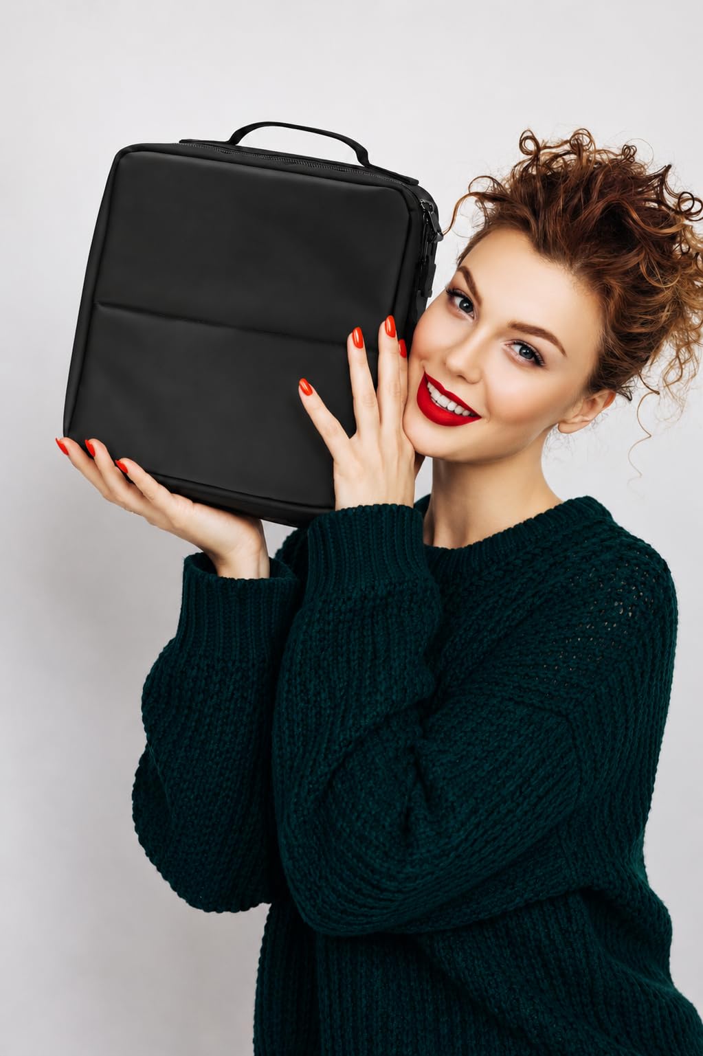 BAWADE Travel Makeup Bag with Brush Compartment, Cosmetic Organizer with Adjustable Dividers, Wide-Open Design, Portable Makeup Case with Handle and Luggage Strap for Women, Black
