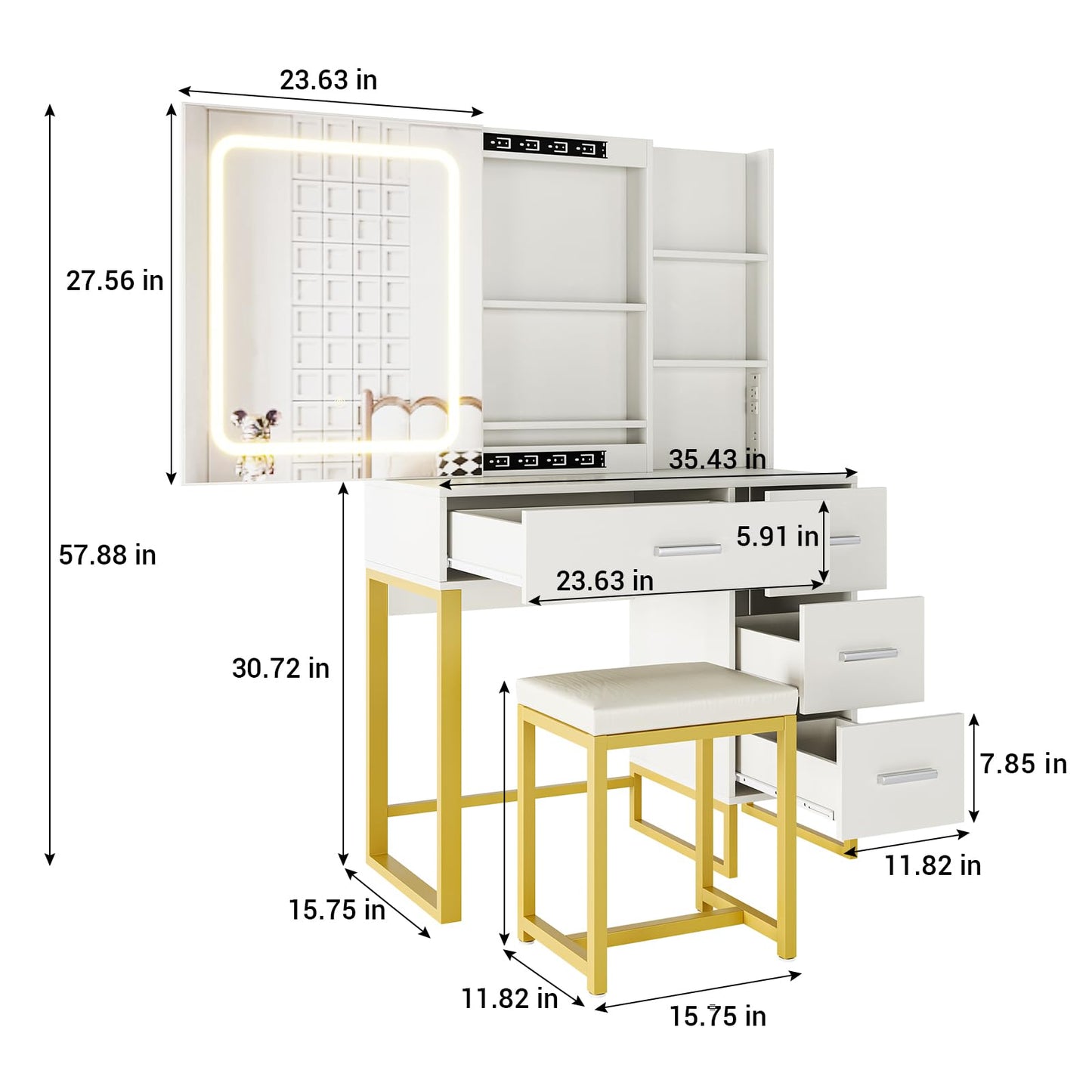GarveeHome 57-Inch Makeup Vanity Set with Lighted LED Mirror & Charging Station – 3 Lighting Modes, 4 Drawers & Shelves, Includes Cushioned Stool, White