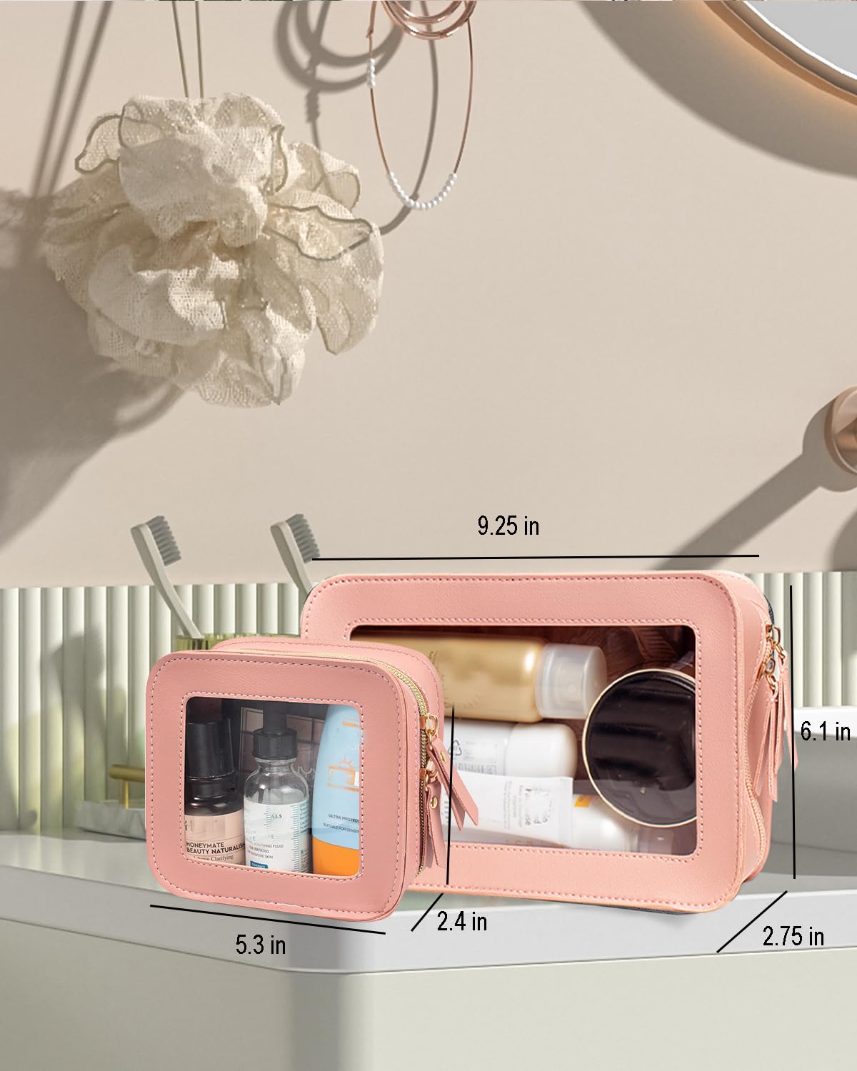 FFpaw 2 Pcs Clear Makup Bag Set, Clear Cosmetic Bags with Zipper Waterproof Small Travel Cosmetic Case Cute Make Up Pouch Mini Car Essentials for Women Travel Car Organizer