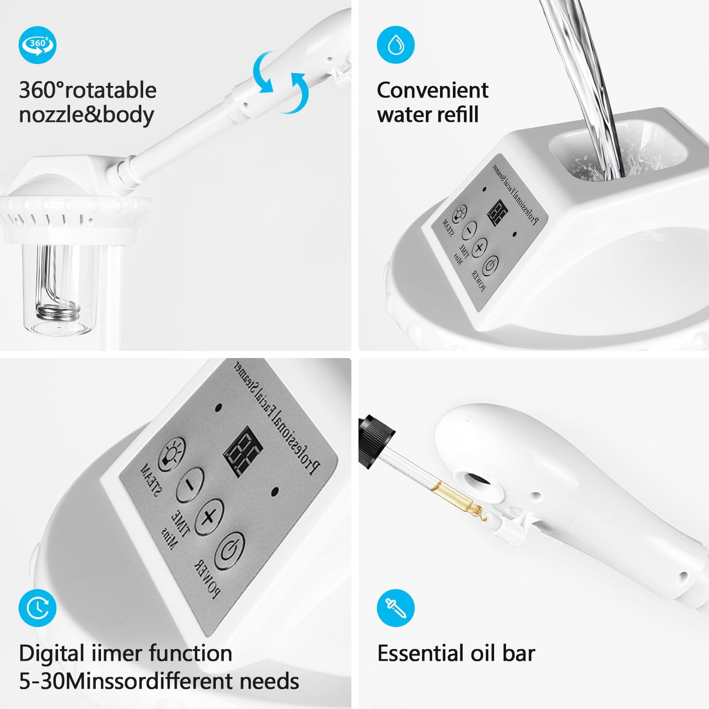 Facial Steamer Professional, Facial Steamer on Wheels, Ozone Face Steamer with More Steam for Deep Cleansing and Hydration, Estheticians Steamer for Beauty, Spa and Home Use（White）