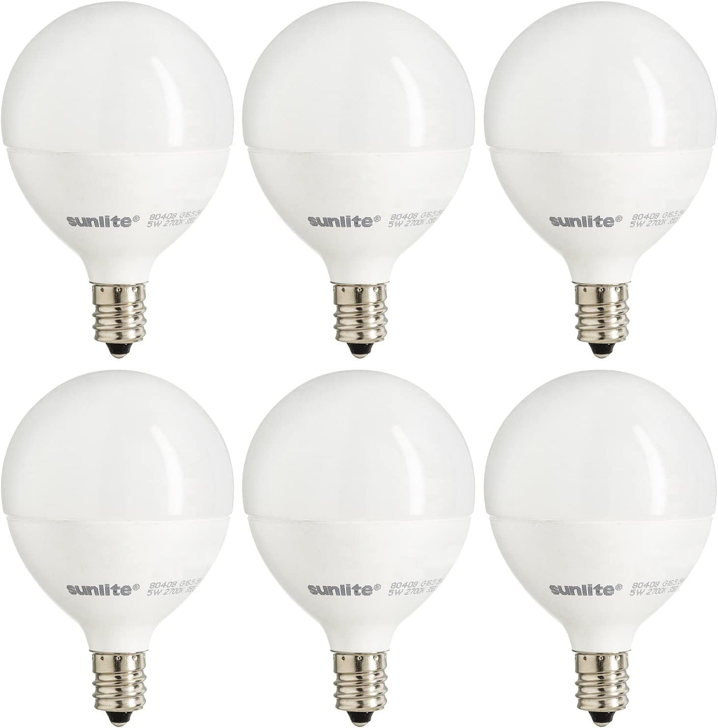 Sunlite G16.5 Light Bulb LED, 7 Watts (60W Equiv.), 500 Lumens, Dimmable, Type G Globe Shape E12 Candelabra Base, Short Bulbs, Vanity Mirror Bulbs, Energy Star, 2700K Soft White, Frosted, 6 Count