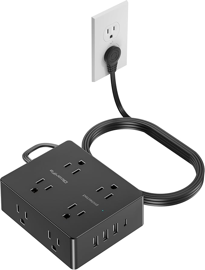 Surge Protector Power Strip, Olcorife 25ft Long Extension Cord with 8 Outlets 4 USB Ports(1 USB C), Flat Wall Plug Outlet Extender, College Dorm Room Essentials, Black