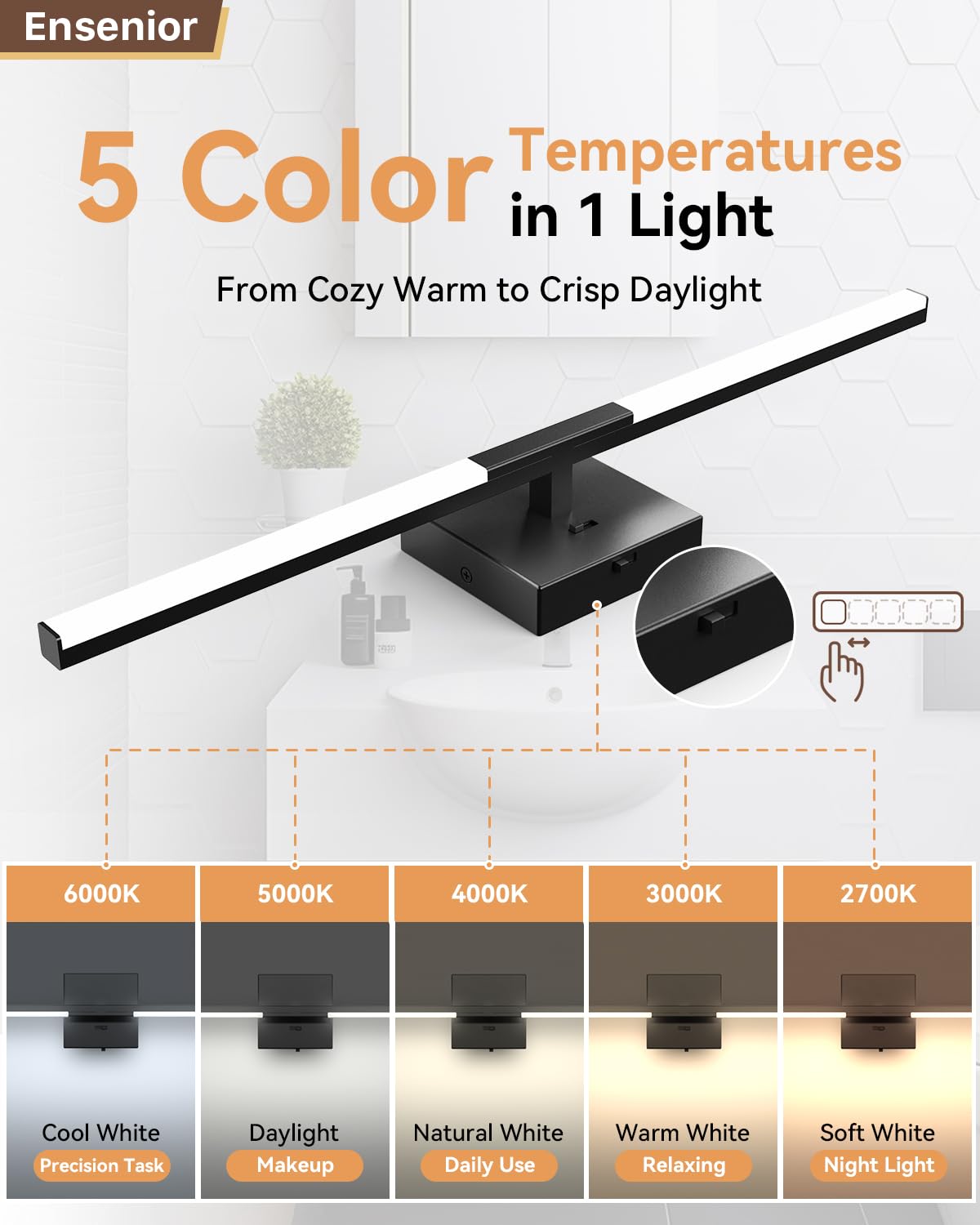 Ensenior Modern Bathroom Vanity Light 24 inch, Built-in Dimmer, 14W Dimmable 5CCT Led Bath Lights, Black Bar Vanity Light for Bathroom Mirror Cabinets Bedroom-FCC & ETL Certificated