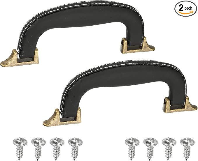 uxcell 2 Pcs PU Leather Luggage Handle, 0.9" Hole Distance Vintage U-Shape Replacement Strap Handle for Travel Handbag Guitar Musical Box Gift Boxes, Black/Bronze