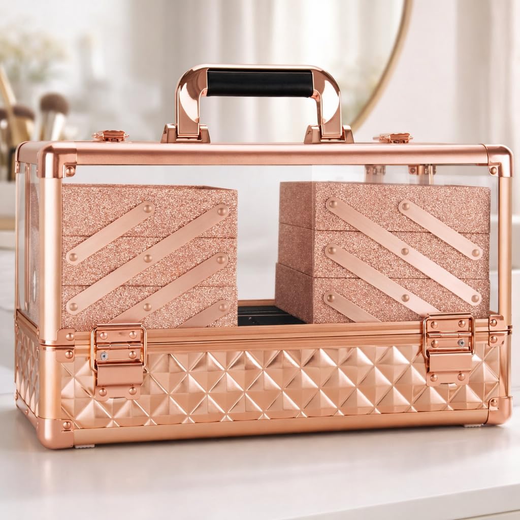Ver Beauty Rose Gold Diamond Makeup Train Case with 6 Accordion Trays Lockable Cosmetic Organizer with Spacious Interior & Clear Acrylic Top