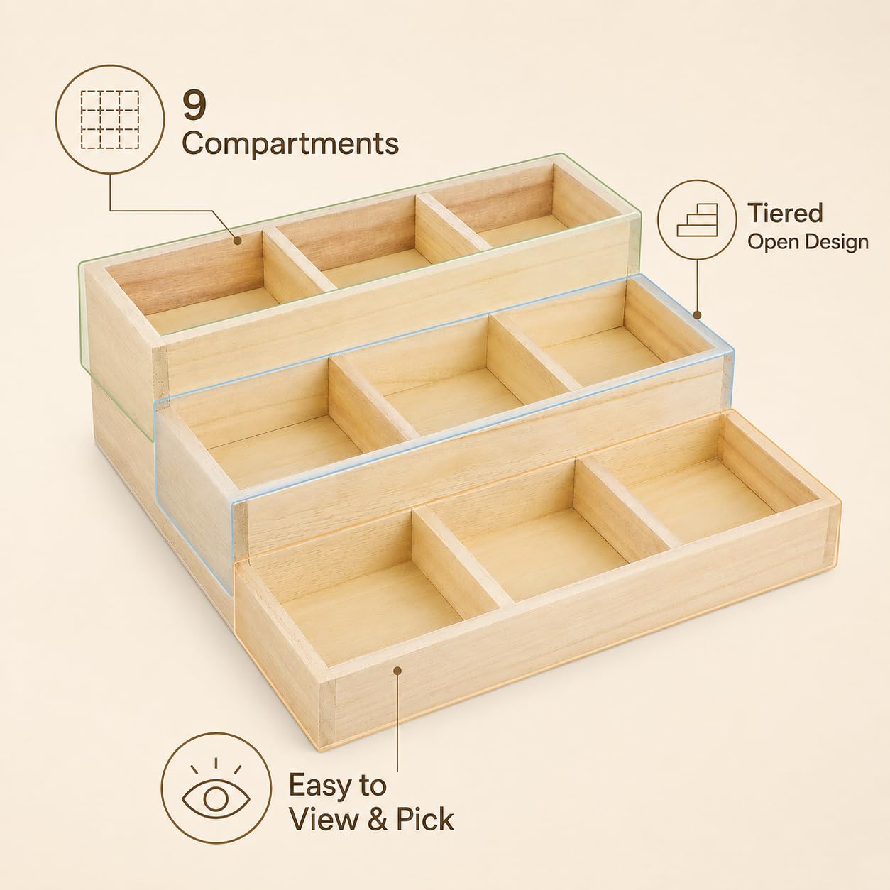 Zerodeko Multi-Layer Wooden Jewelry Storage Box with 9 Compartments Compact Jewelry Organizer for Earrings Necklaces Ideal for Vanity Office and Bedroom