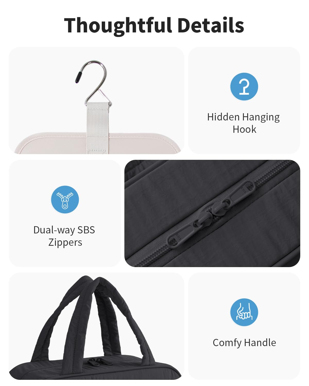 Narwey Hanging Travel Toiletry Bag for Women, Quilted Makeup Bag Organizer with Handle, Travel Bathroom Bag, Portable Toiletries Bag for Essentials, Accessories, Brushes, Cosmetics (Black)