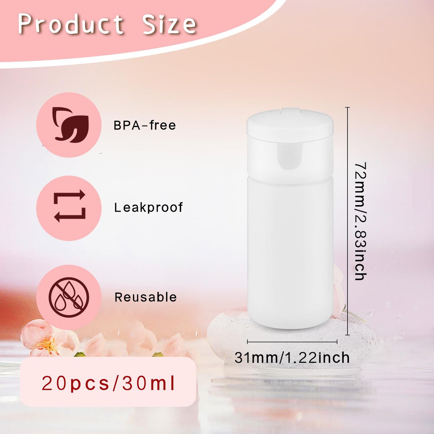 DynnnDy 20 Pack 30ml Refillable Squeeze Bottles Refillable Lotion Sample Tubes Mini Cosmetics Containers,Leak Proof Toiletries Dispenser for Shampoo,Conditioner,Creams