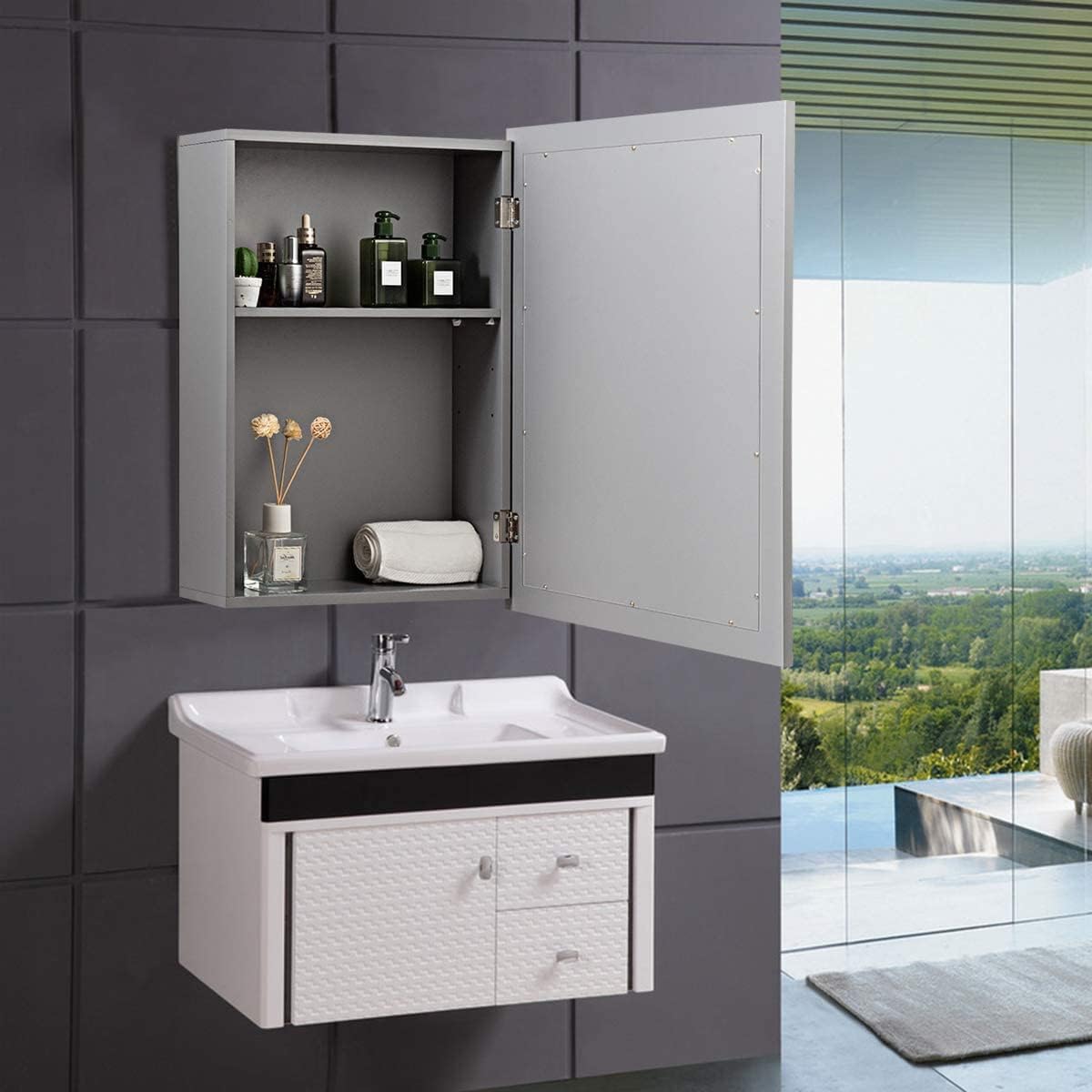 GOFLAME Bathroom Medicine Cabinet, Wall Mount Mirrored Storage Cabinets w/Single Door & Adjustable Shelf, Multipurpose Wooden Organizer for Hallway Living Room Bedroom, Grey